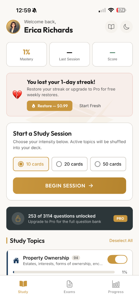Study dashboard with streak tracking and session options