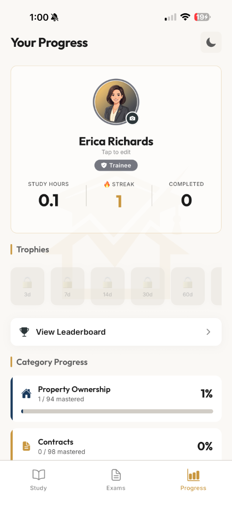 Progress tracking with trophies and category mastery