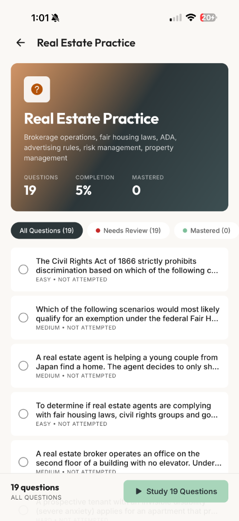 Topic browser showing real estate practice questions